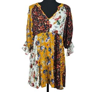 Umgee Floral Print Dress Bohemian Patchwork Peasant Mini Dress Size S‎